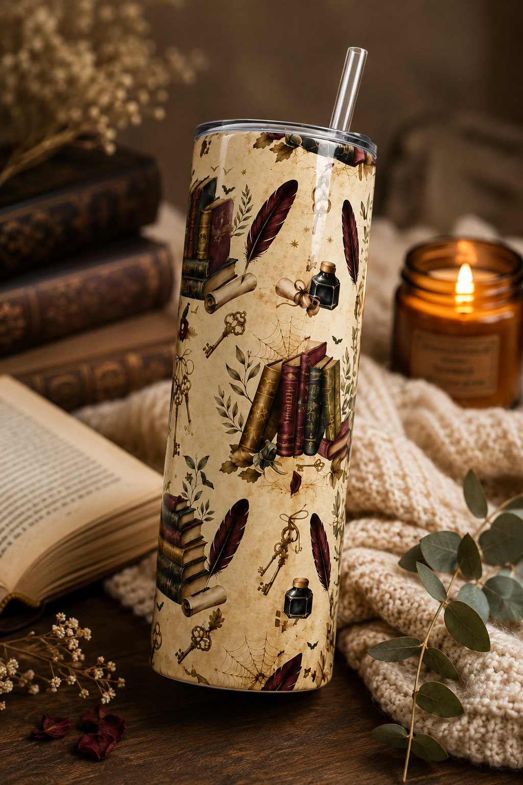 Knižní tumbler 590 ml s vintage motivem knih, brků a klíčů