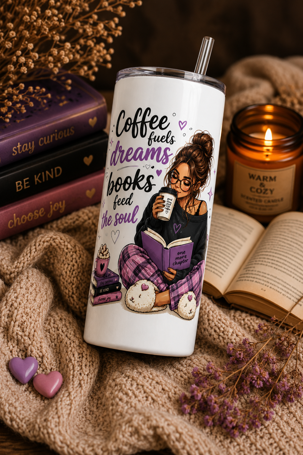 Knižní tumbler Coffee & Books 590 ml s motivem čtenářky s knihou a kávou