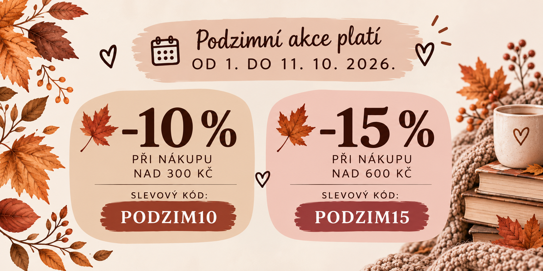 Podzimní promo banner se slevami 10 % a 15 %, kódy PODZIM10 a PODZIM15, listy a hrnek.